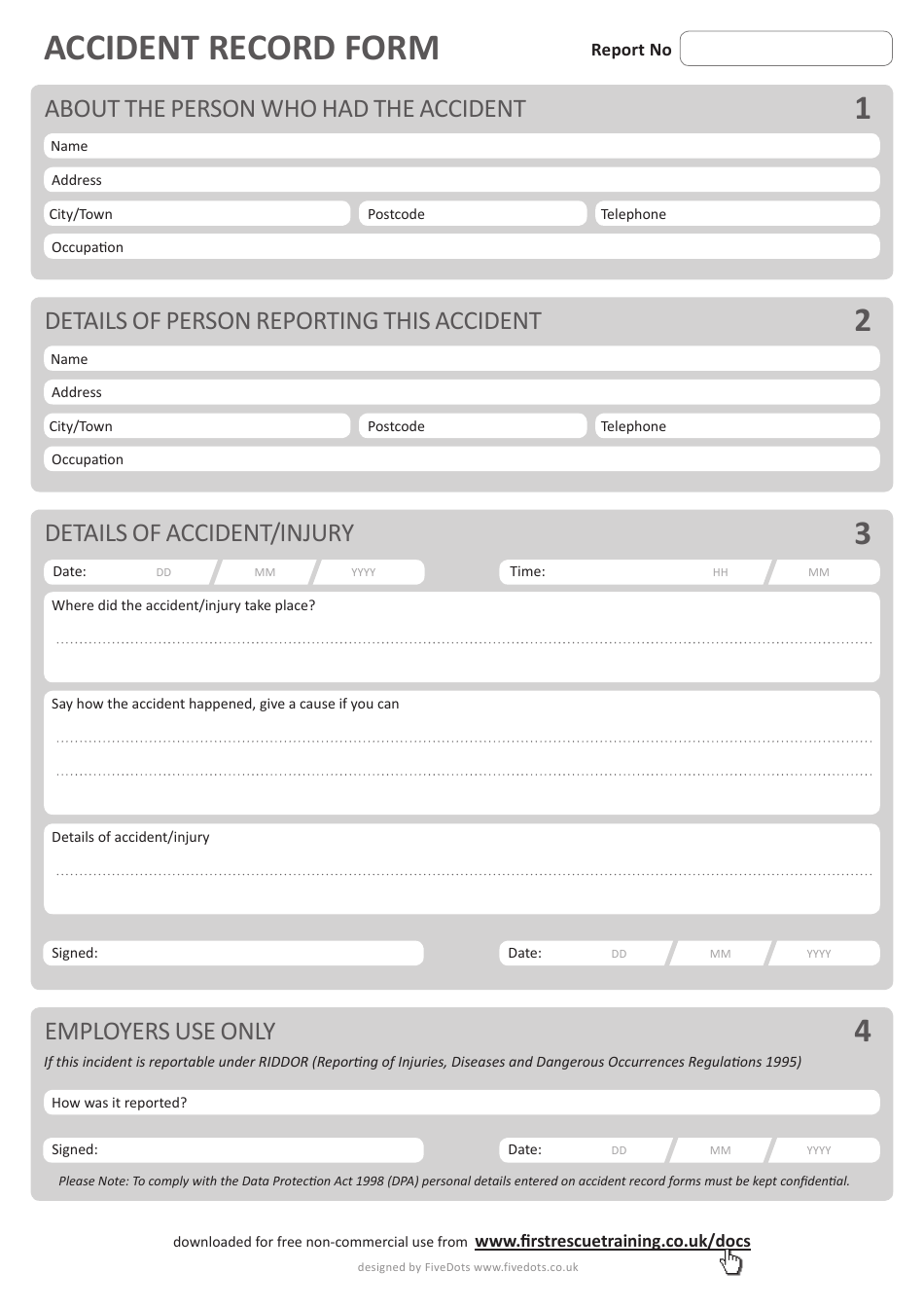 Accident Record Form - United Kingdom, Page 1
