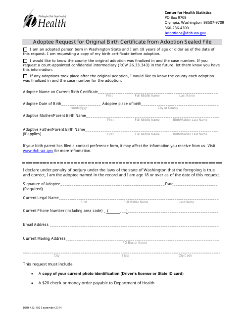DOH Form 422-102 Adoptee Request for Original Birth Certificate From Adoption Sealed File - Washington