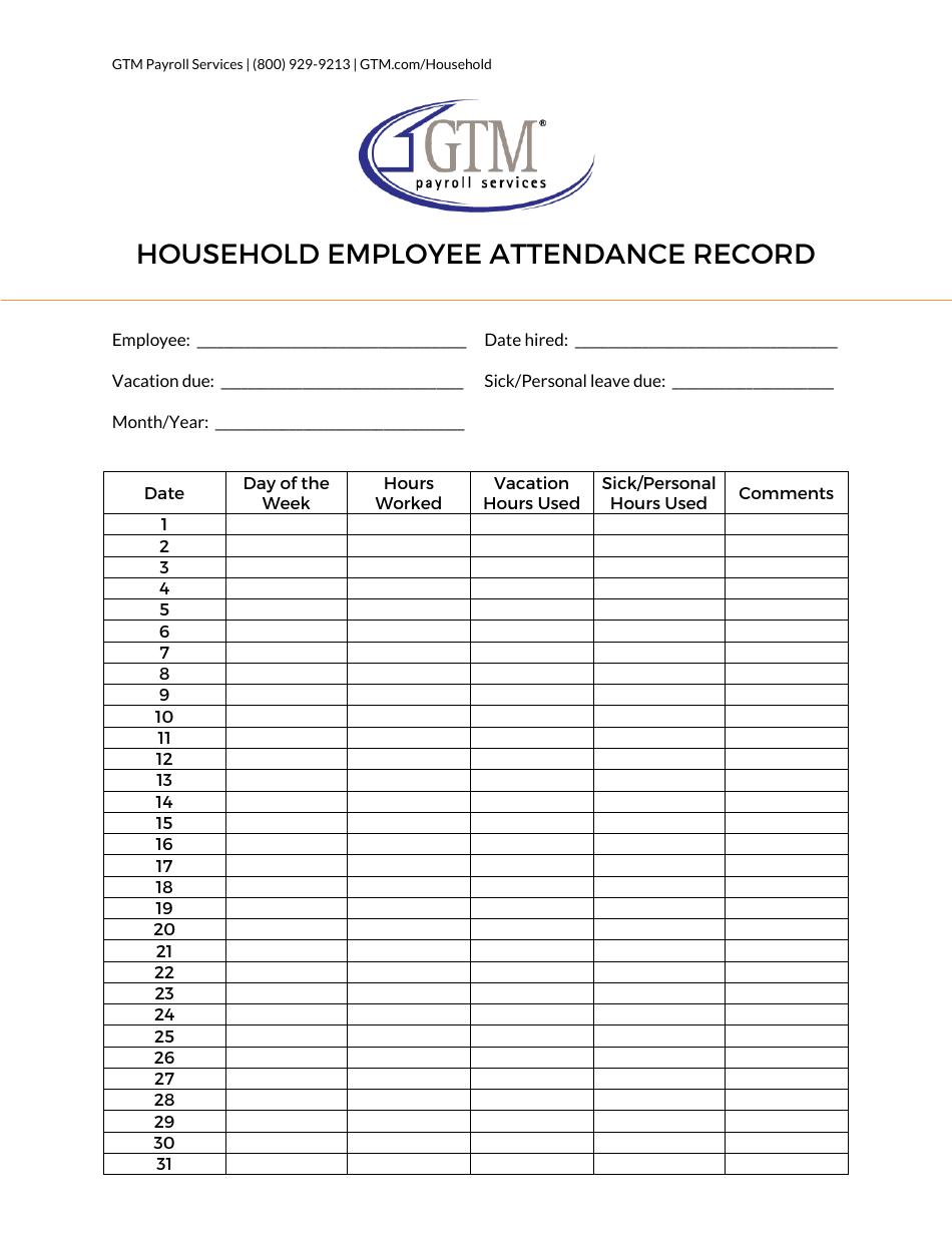 Household Employee Attendance Record Sheet - Gtm Payroll Services, Page 1