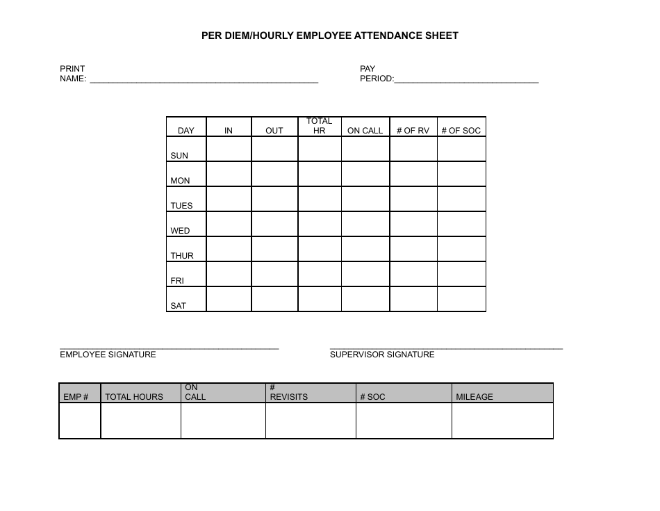 Per Diem / Hourly Employee Attendance Sheet Template, Page 1