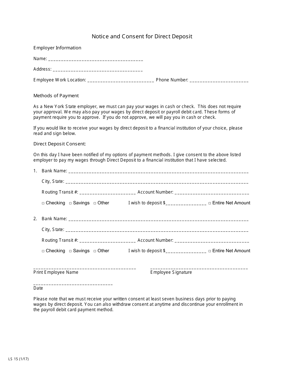 Form LS15 Notice and Consent for Direct Deposit - New York, Page 1
