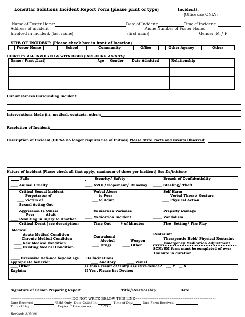 Foster Home Incident Report Form - Lonestar Solutions Download Pdf