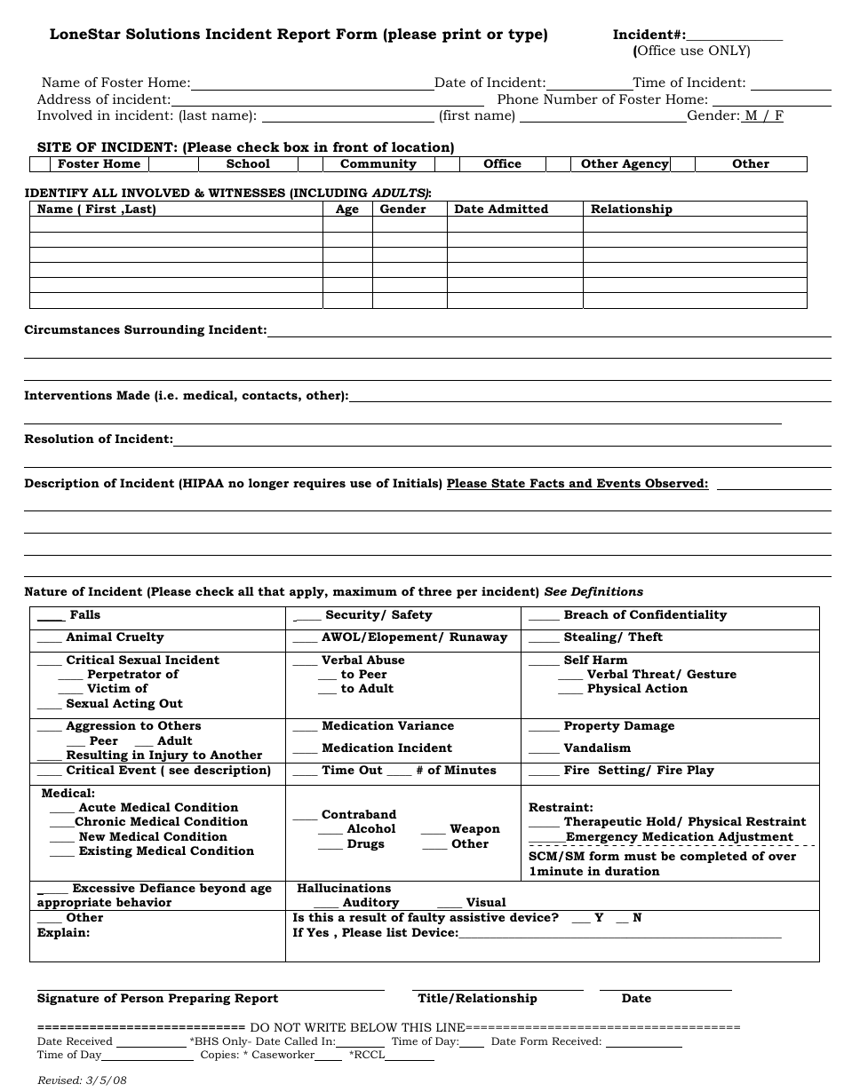 Foster Home Incident Report Form Lonestar Solutions Download