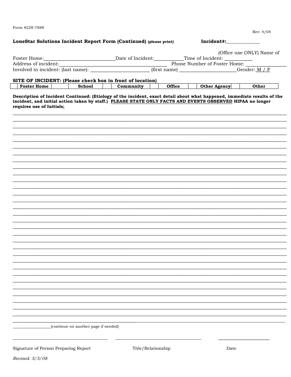 Foster Home Incident Report Form - Lonestar Solutions, Page 3