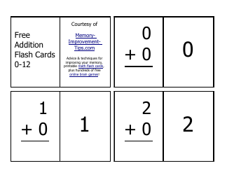 Document preview: Addition Flash Cards - 0-12