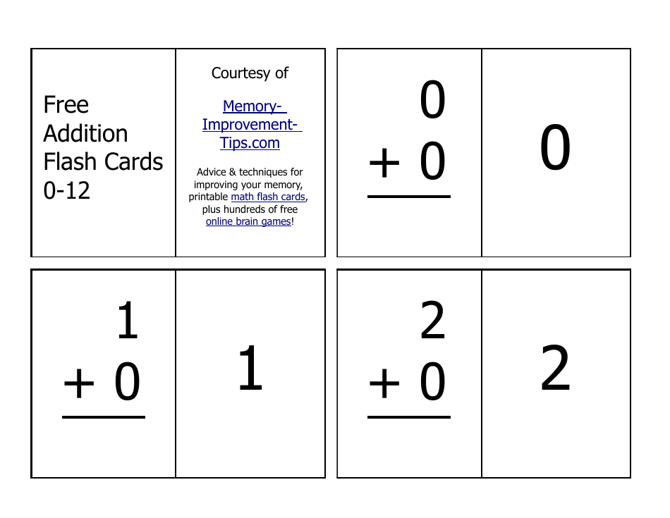 Addition Flash Cards - 0-12 Download Printable PDF | Templateroller