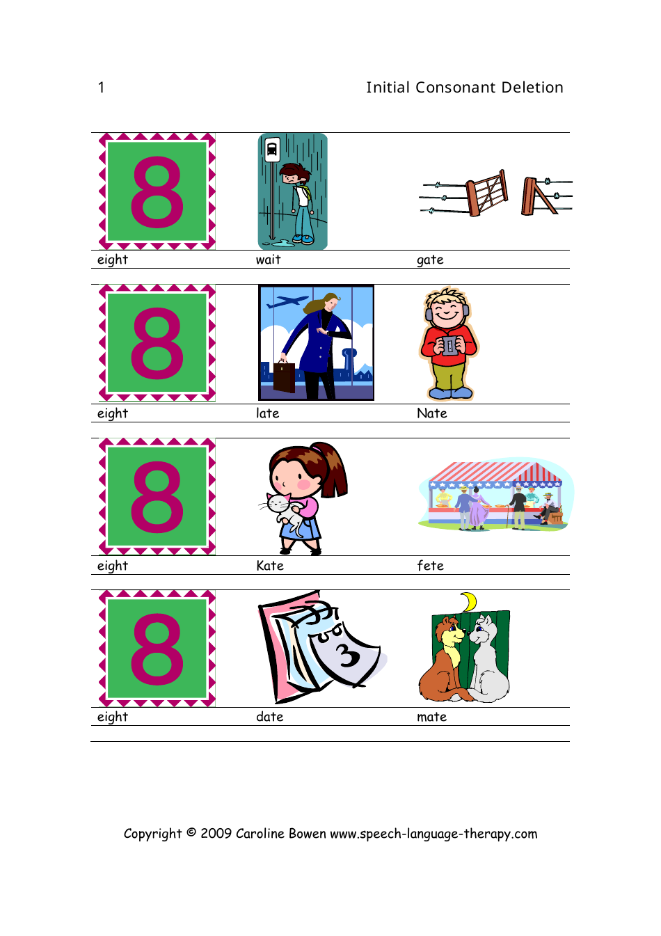 Speech  Language Flash Cards - Initial Consonant Deletion, Page 1