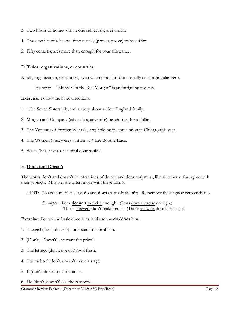 English Grammar Worksheet - Subject-Verb Agreement, Page 12