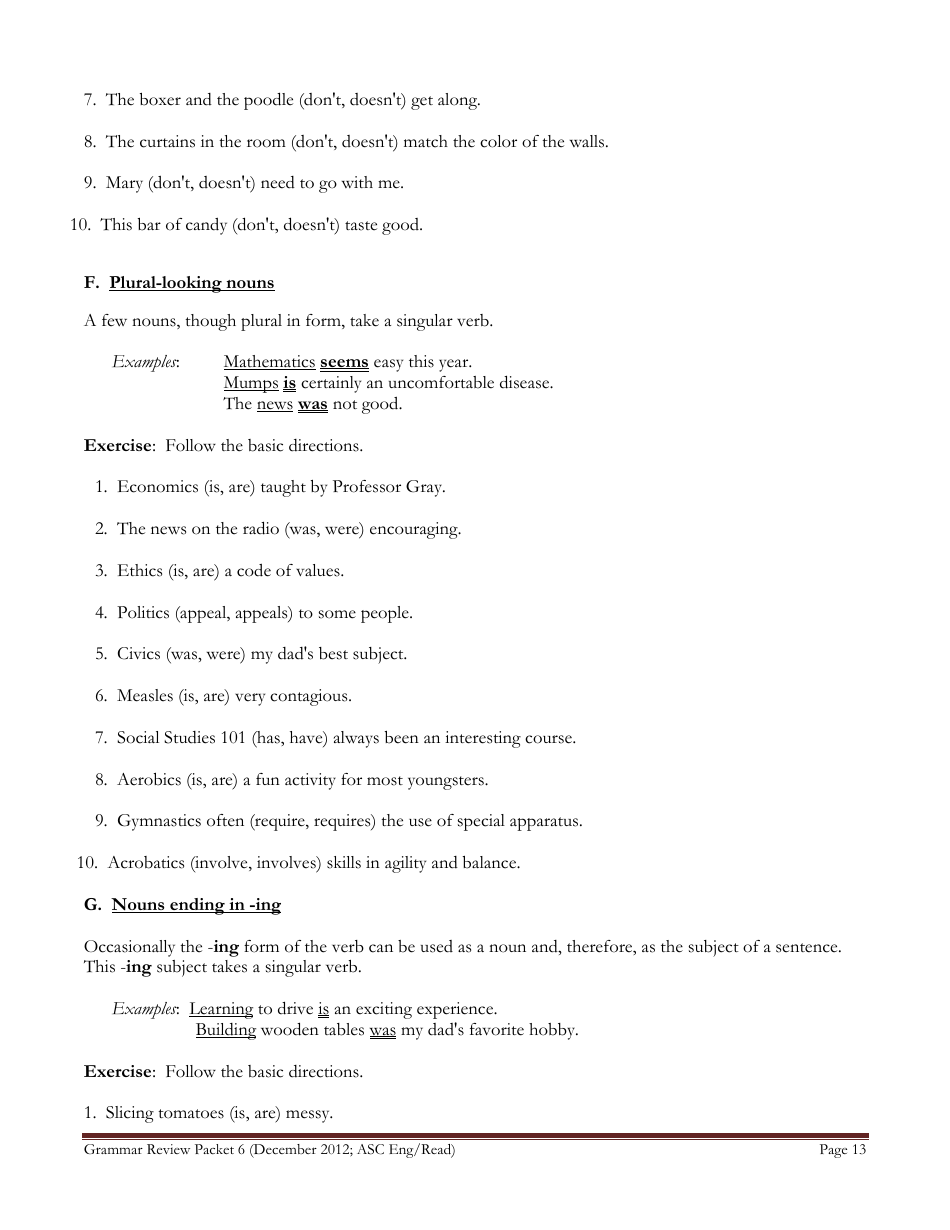 English Grammar Worksheet - Subject-Verb Agreement, Page 13