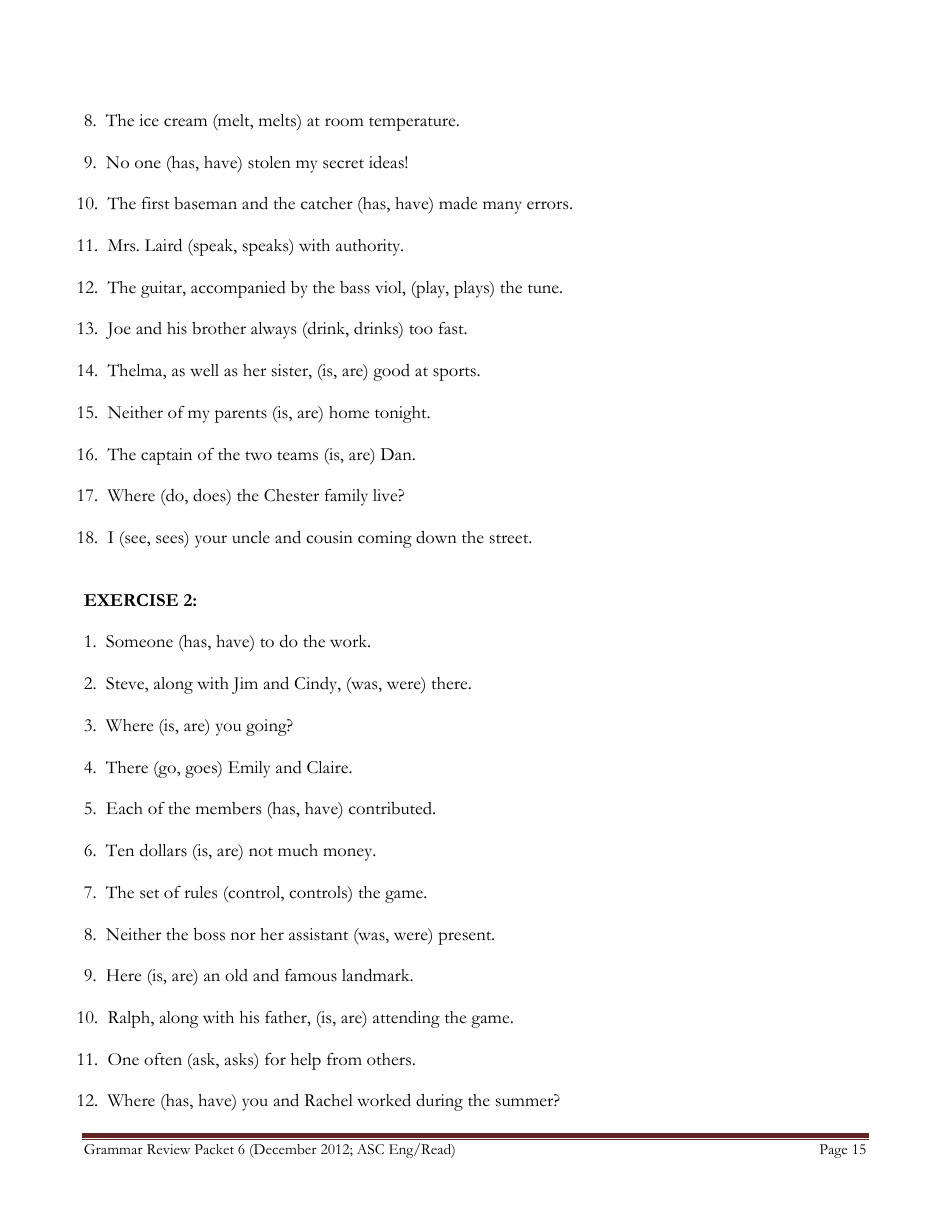 English Grammar Worksheet - Subject-Verb Agreement, Page 15