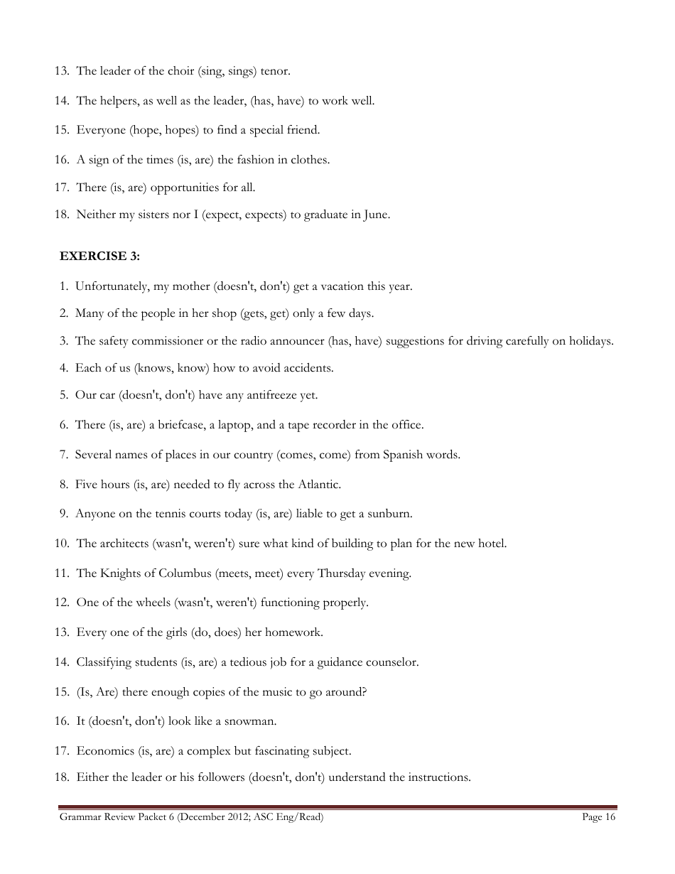 English Grammar Worksheet - Subject-Verb Agreement, Page 16