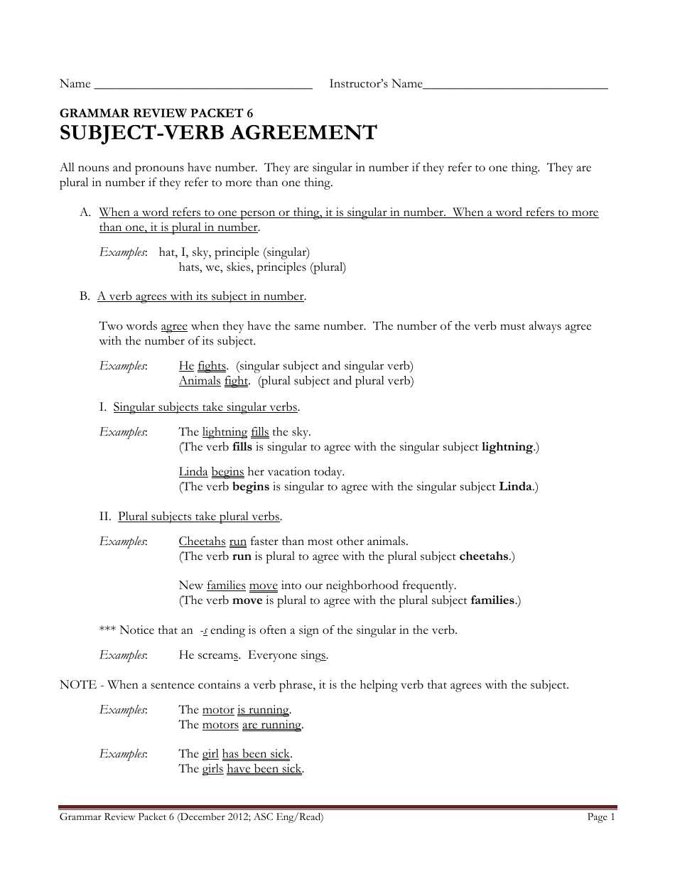 English Grammar Worksheet - Subject-Verb Agreement, Page 1