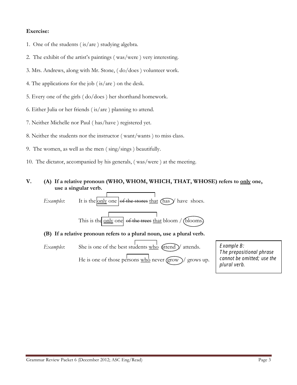 English Grammar Worksheet - Subject-Verb Agreement, Page 3