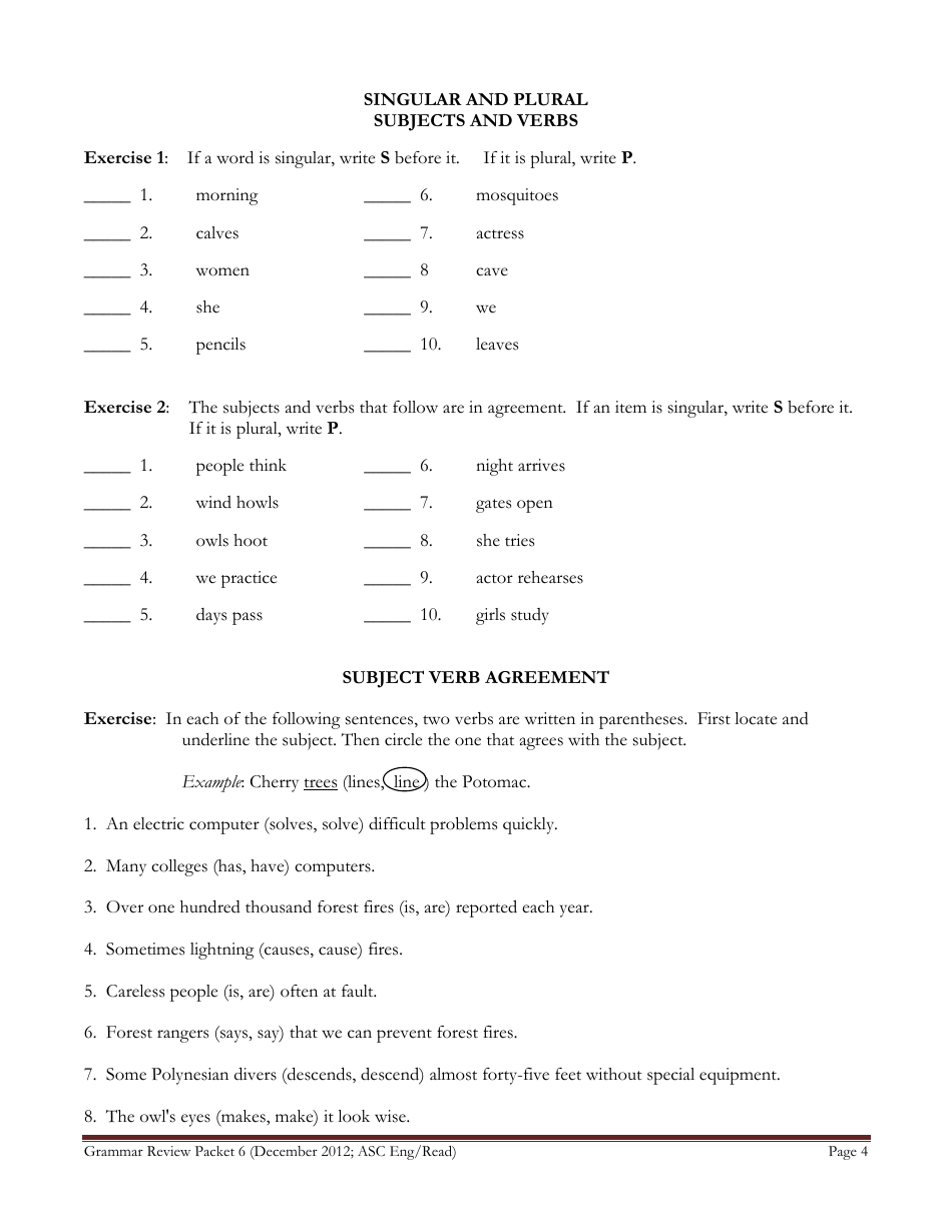 English Grammar Worksheet - Subject-Verb Agreement, Page 4