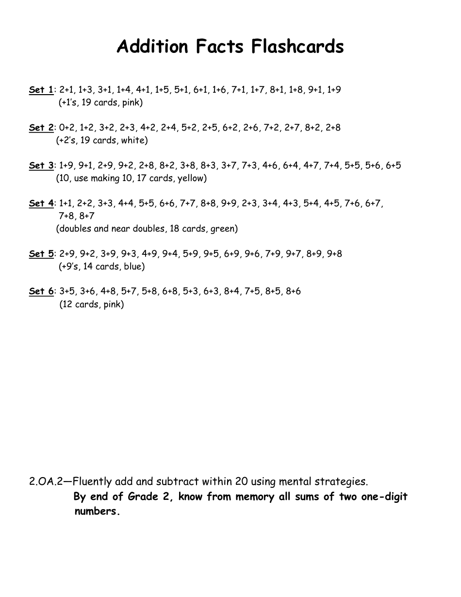 Addition Math Flashcards - Sets, Page 1