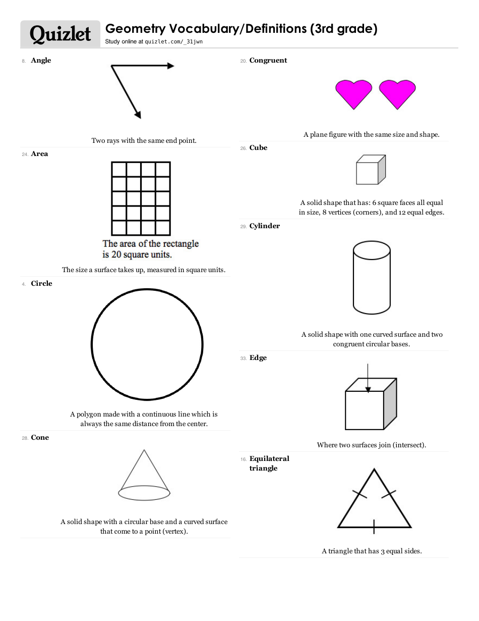 3rd Grade Geometry Vocabulary / Definitions Flashcards, Page 1