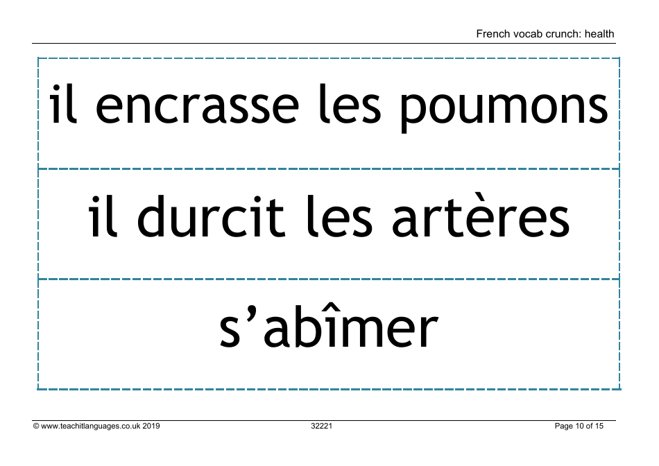 French Vocab Crunch Flashcards - Health (English / French), Page 10