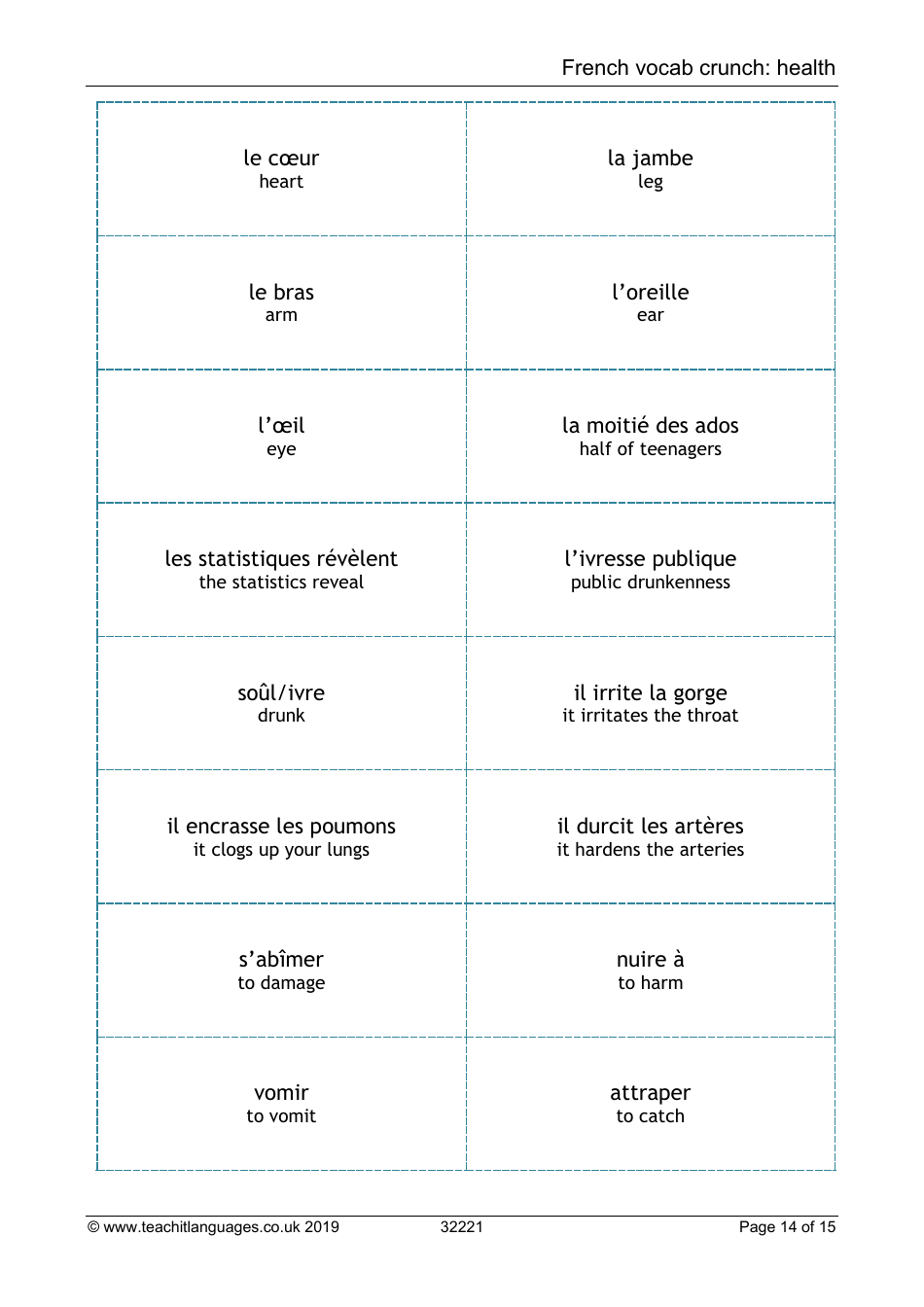 French Vocab Crunch Flashcards - Health (English / French), Page 14