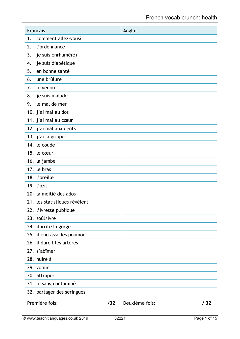 French Vocab Crunch Flashcards - Health (English / French), Page 1