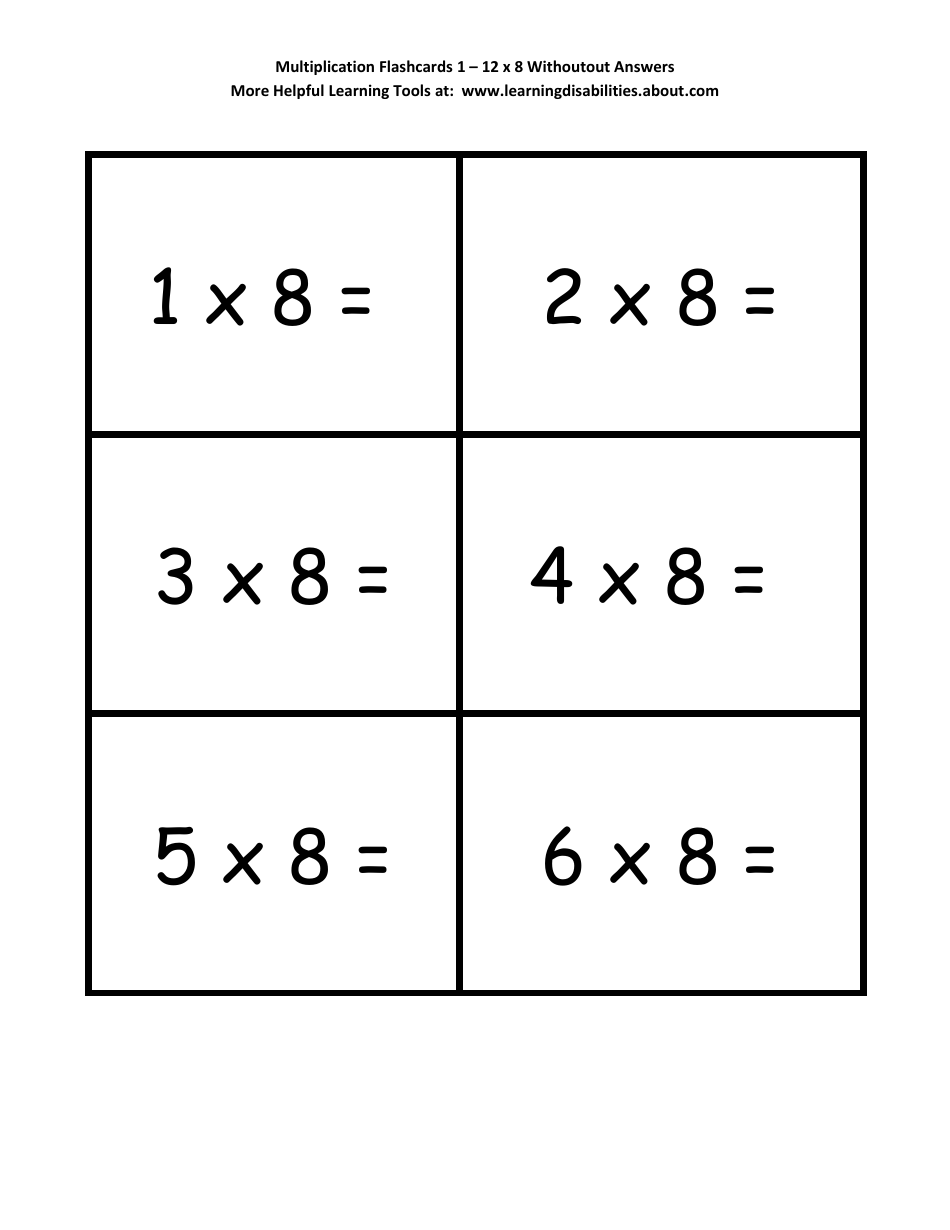 Multiplication Flashcards - 1 Through 12 X 8, Page 1