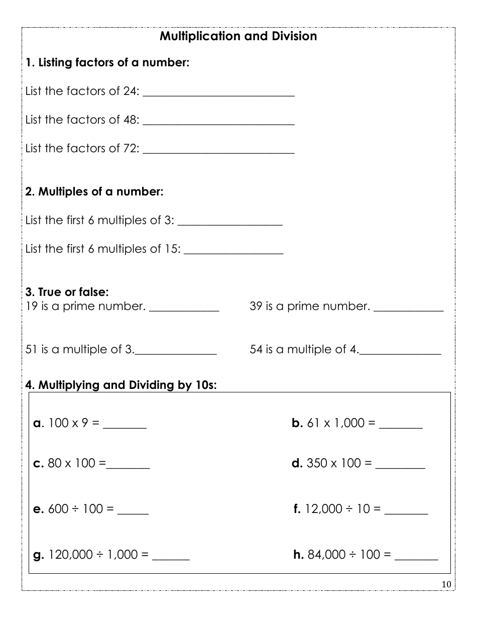 Rising Fifth Grade Math Summer Packet, Page 10