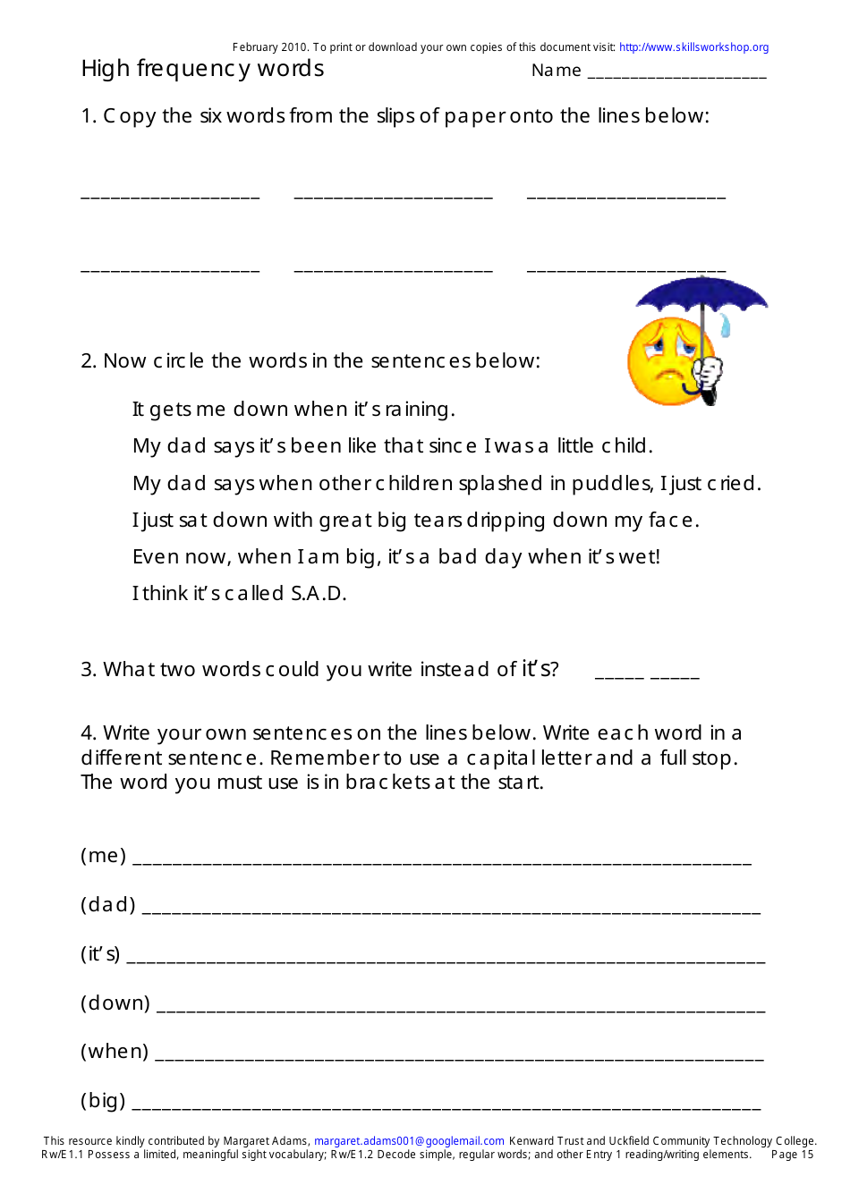 English High Frequency Words Worksheet and Flashcards, Page 15