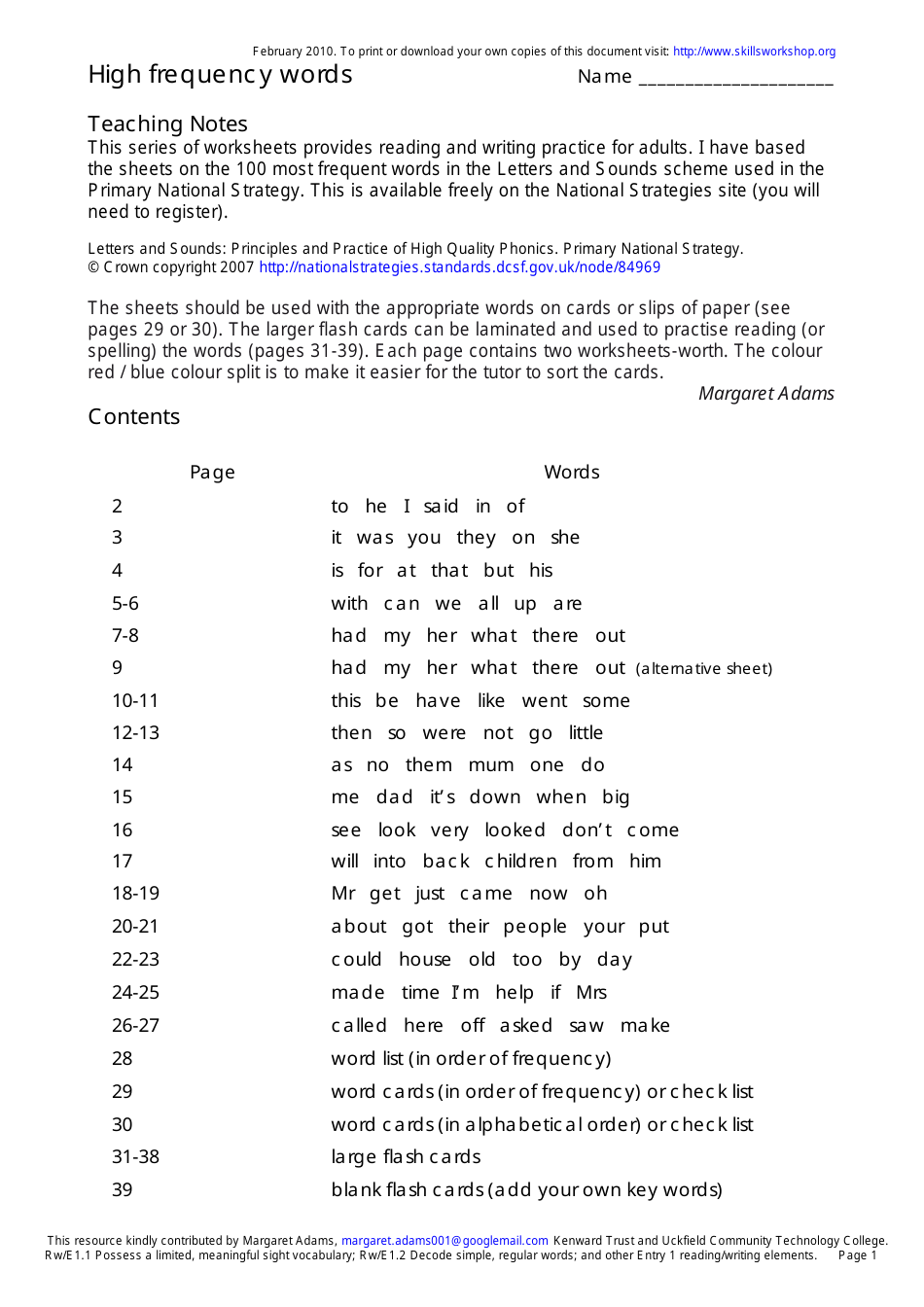 English High Frequency Words Worksheet and Flashcards, Page 1