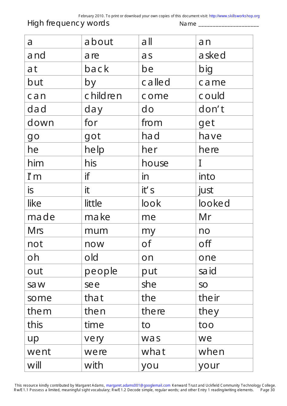 English High Frequency Words Worksheet and Flashcards, Page 30