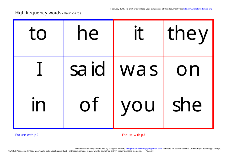 English High Frequency Words Worksheet and Flashcards, Page 31