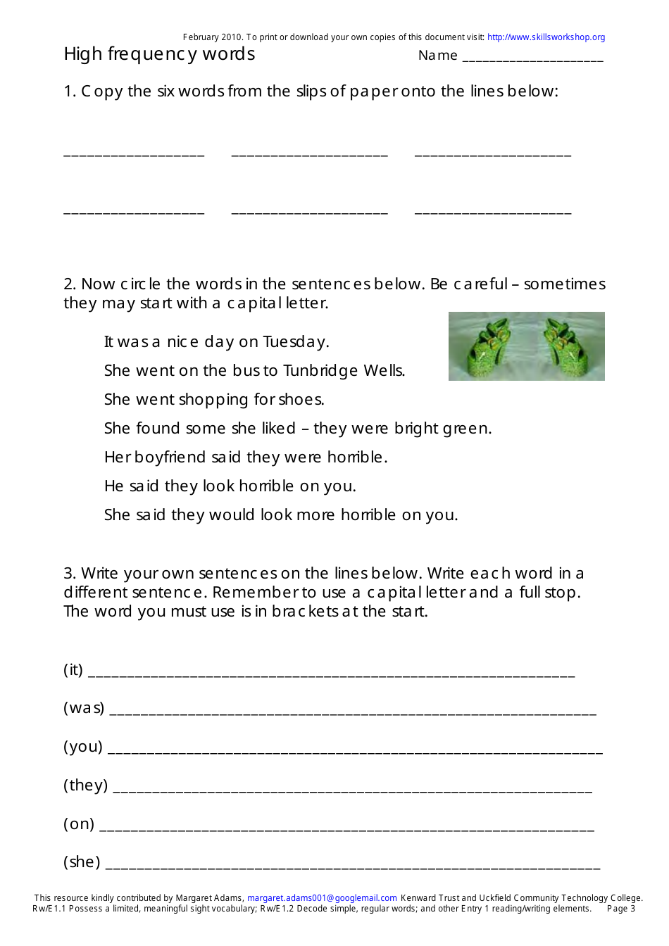 English High Frequency Words Worksheet and Flashcards, Page 3