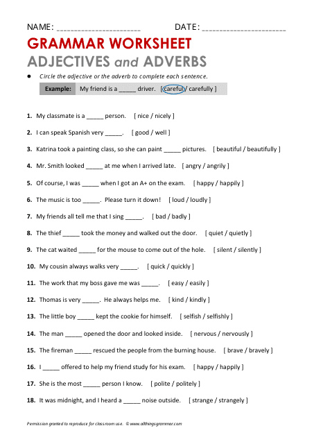 English Grammar Worksheet - Adjectives and Adverbs Download Pdf