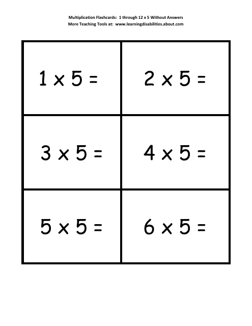 Multiplication Flashcards - 1 Through 12 X 5