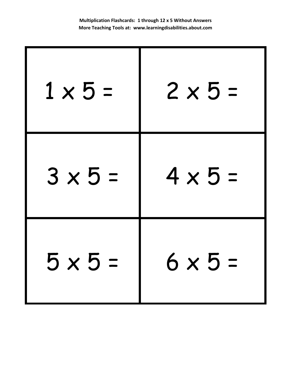 Multiplication Flashcards - 1 Through 12 X 5, Page 1