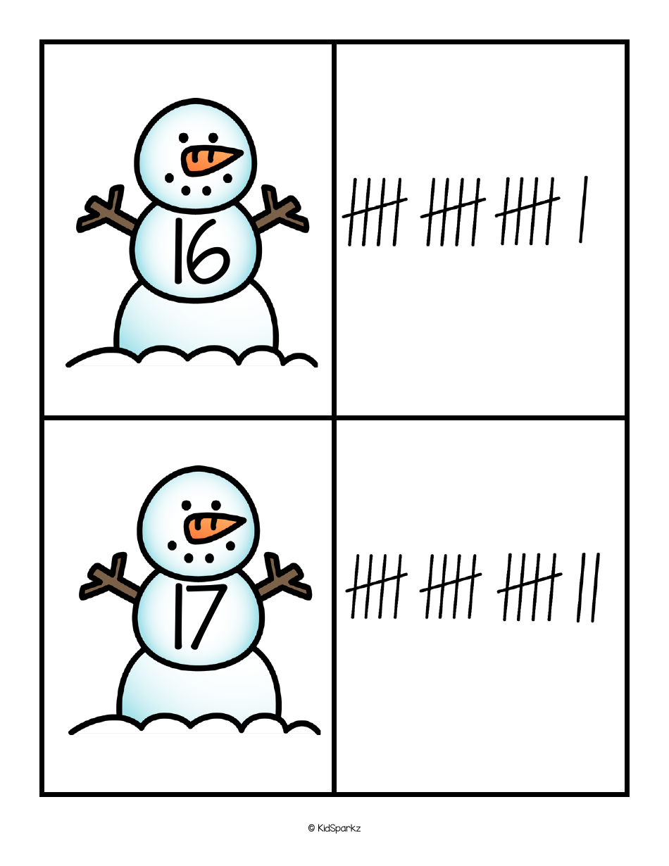 Numbers  Tally Marks 0-20 Flashcards - Snowman, Page 10