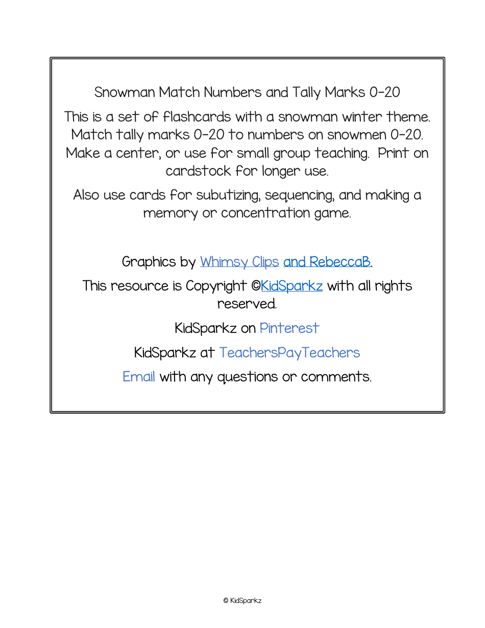 Numbers  Tally Marks 0-20 Flashcards - Snowman, Page 13