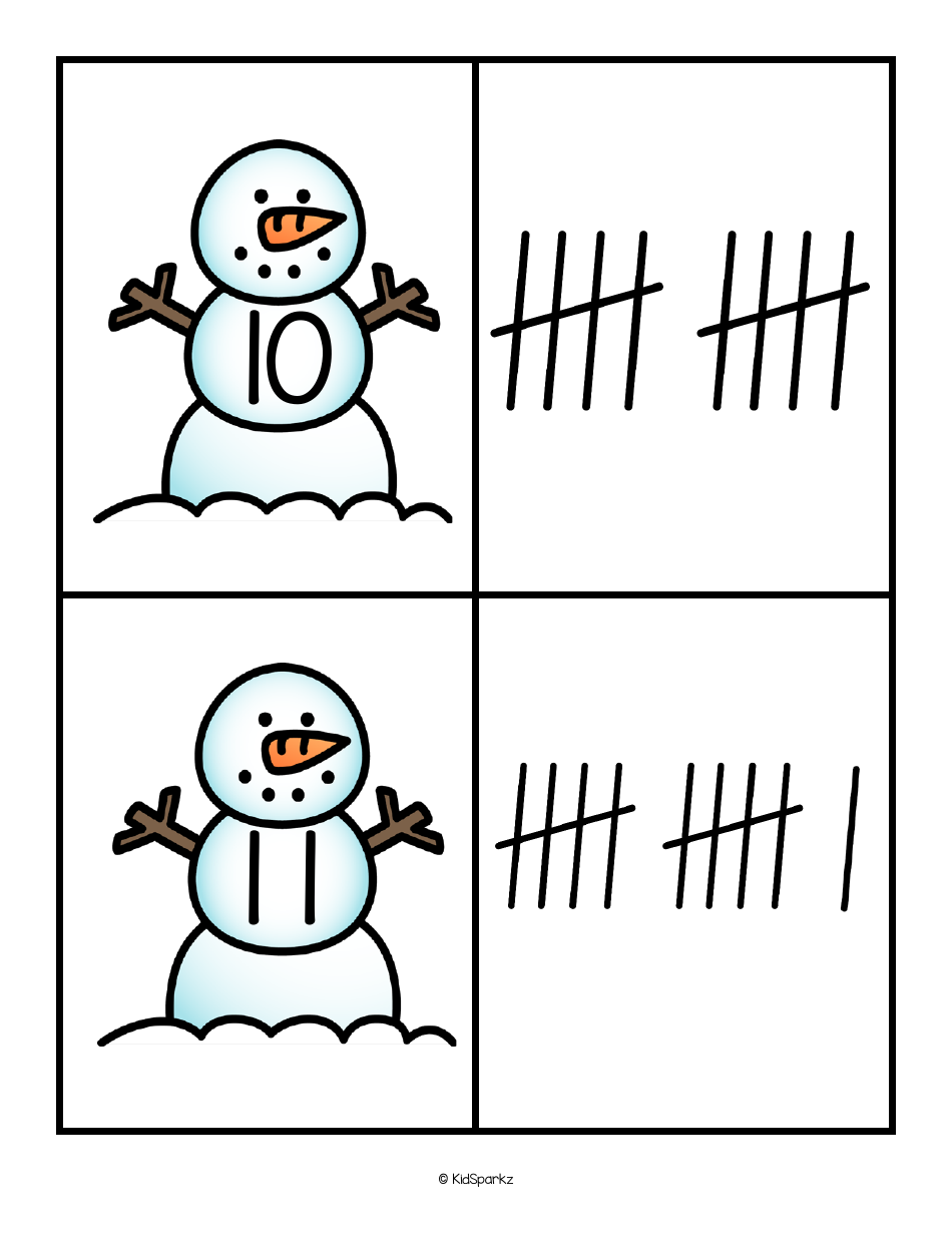 Numbers  Tally Marks 0-20 Flashcards - Snowman, Page 7