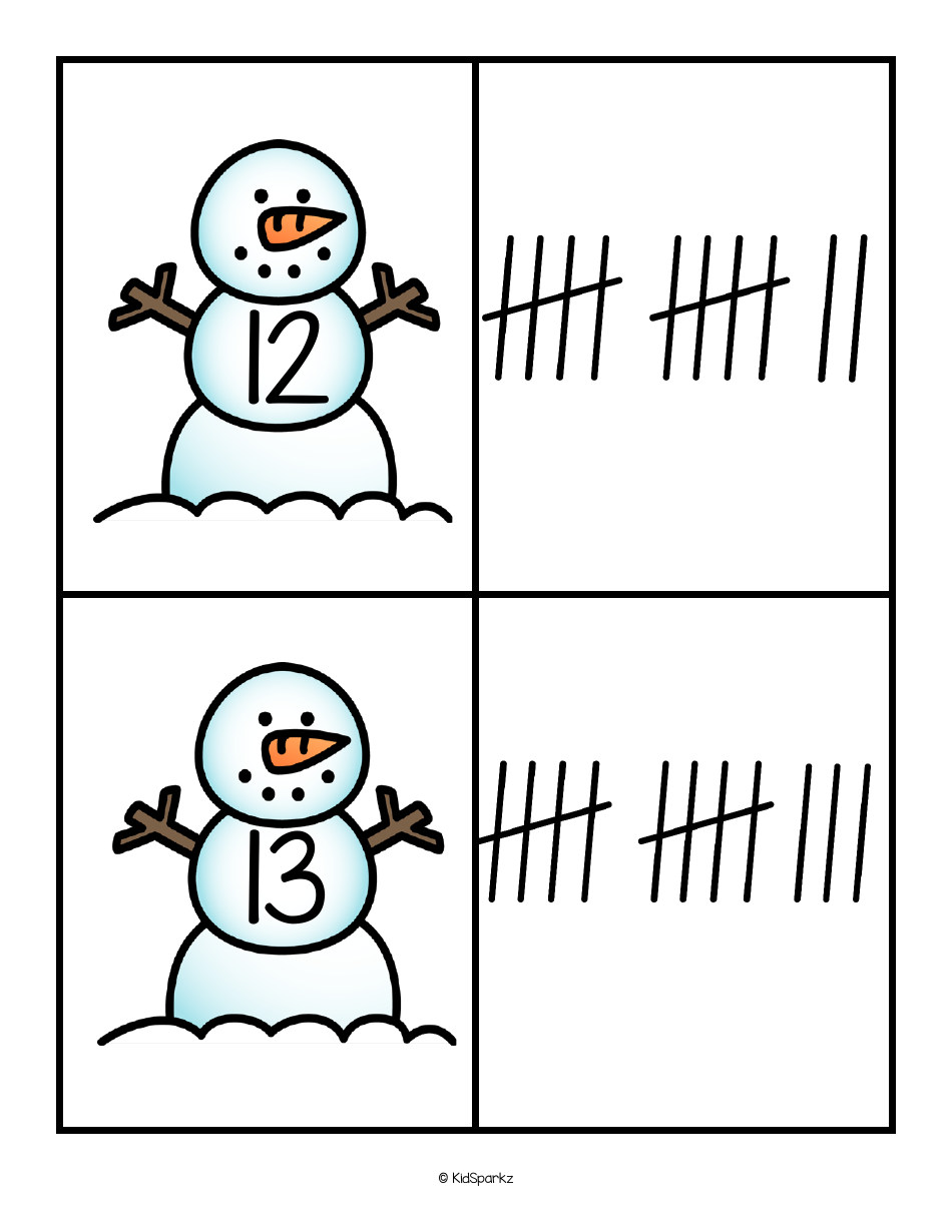 Numbers  Tally Marks 0-20 Flashcards - Snowman, Page 8