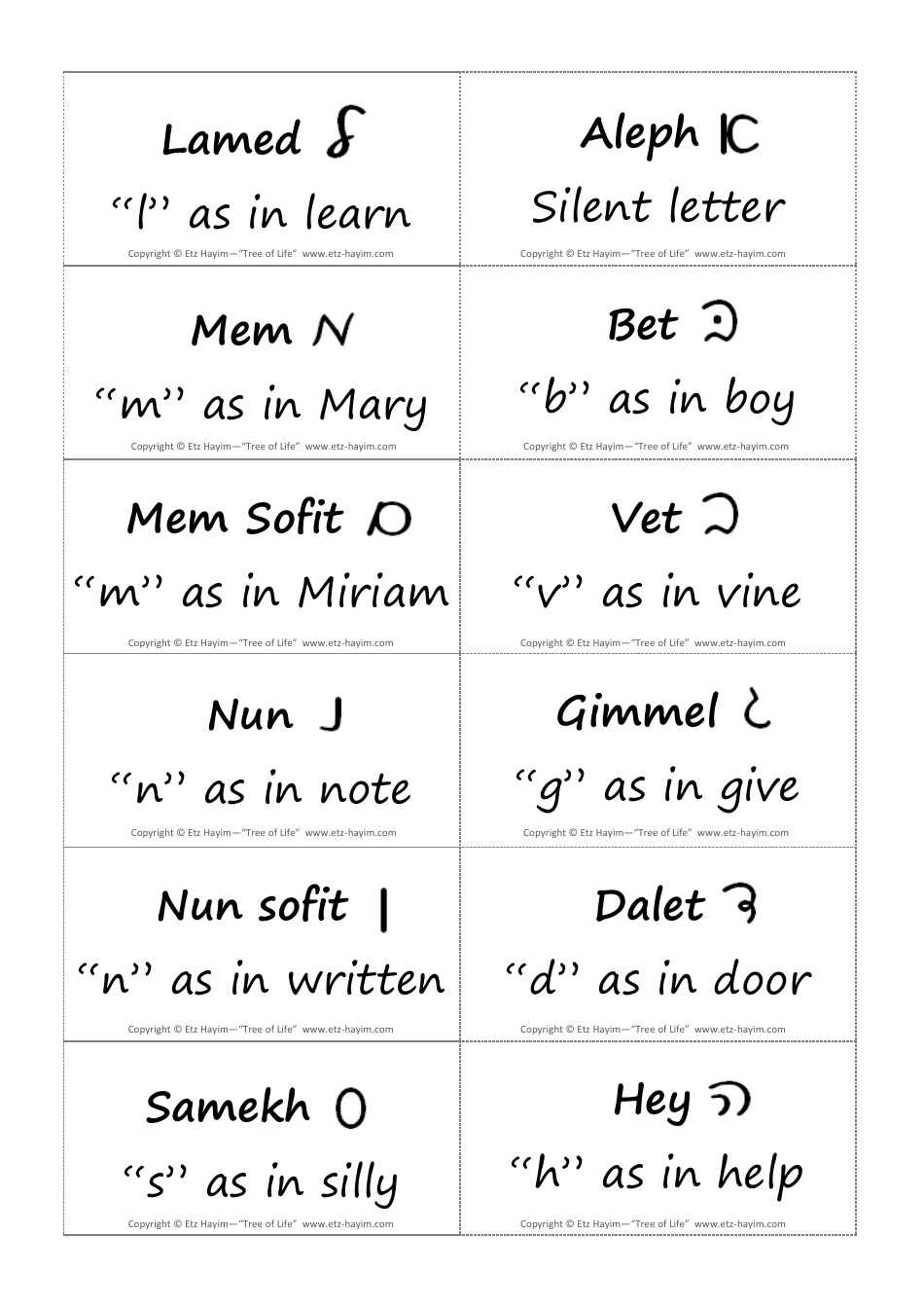 Hebrew Alphabet Flashcards, Page 1
