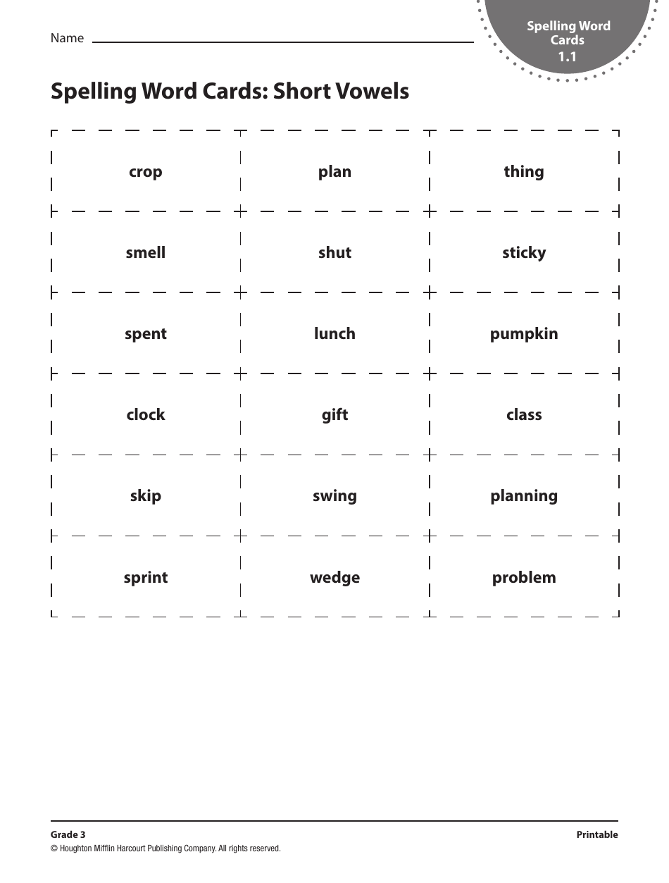 Grade 3 Spelling Word Cards - Houghton Mifflin Harcourt Publishing Company, Page 1