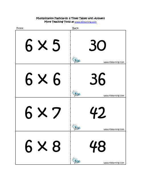 Multiplication Flashcards - 6 Times Tables With Answers Download Pdf