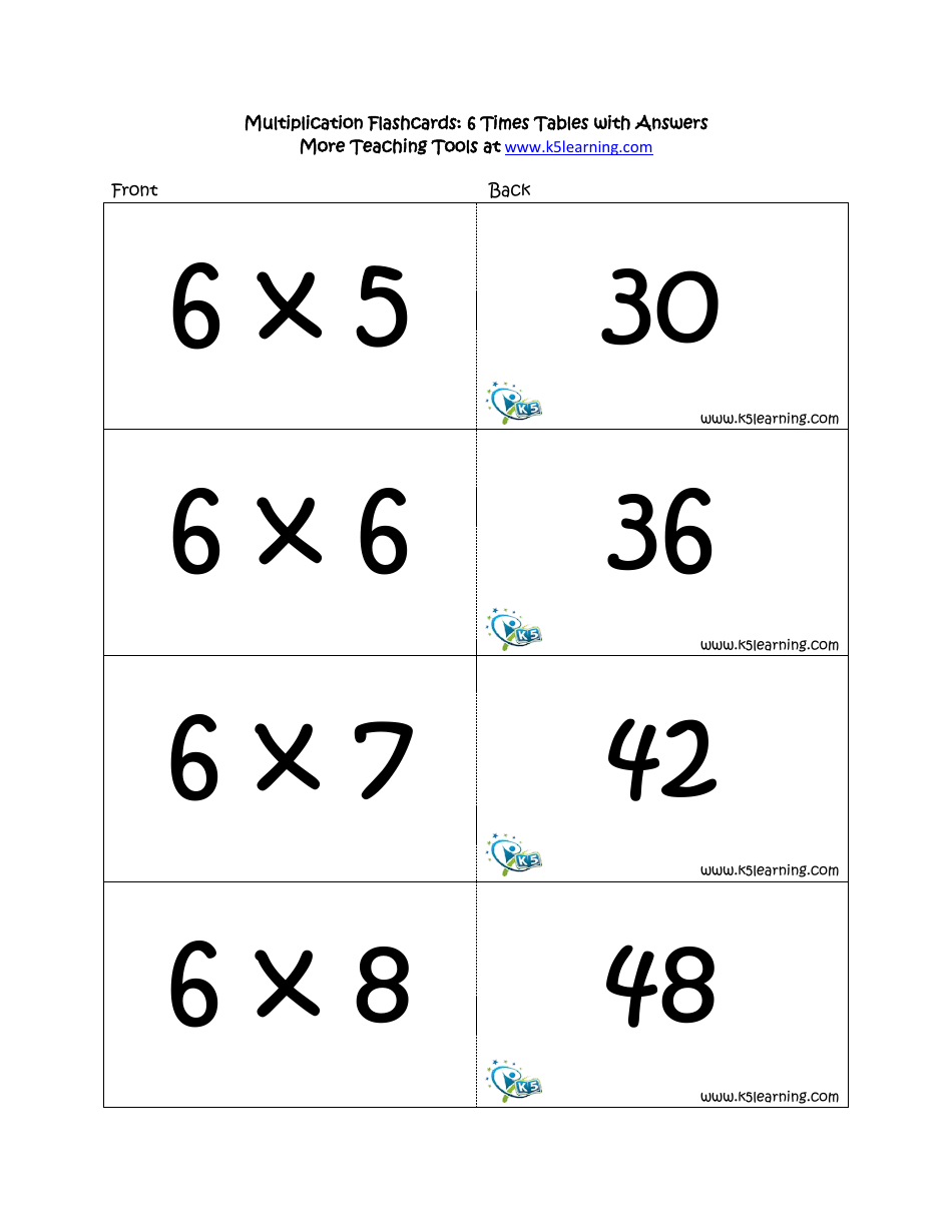 Multiplication Flashcards - 6 Times Tables With Answers, Page 1