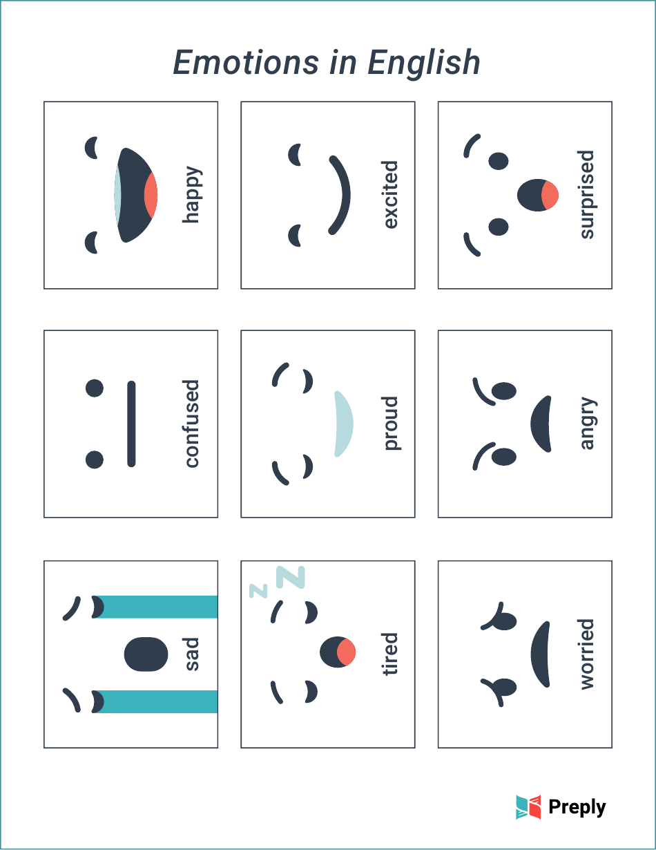 English / Spanish Flashcards - Emotions, Page 1