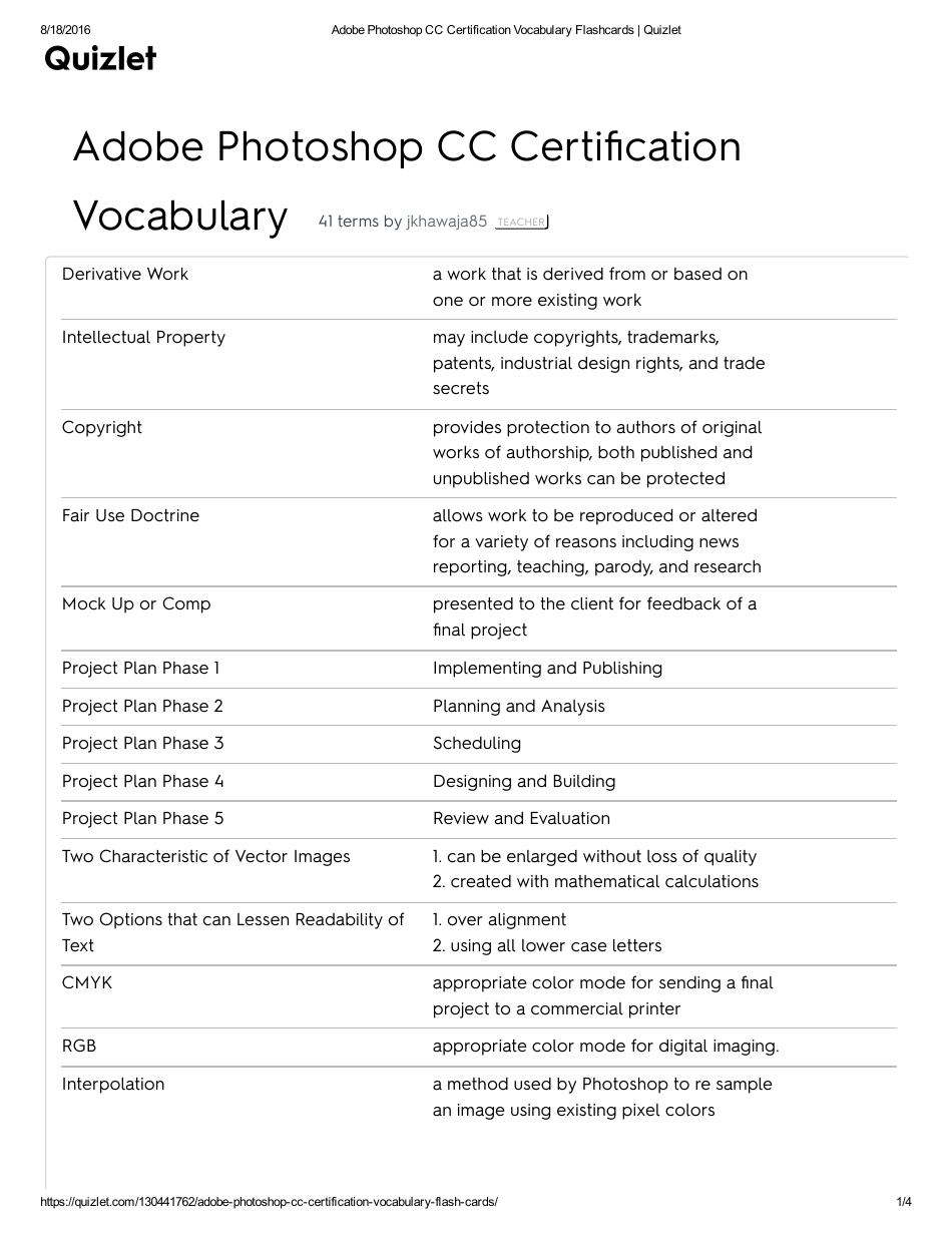 Adobe Photoshop Cc Certication Vocabulary Flashcards, Page 1