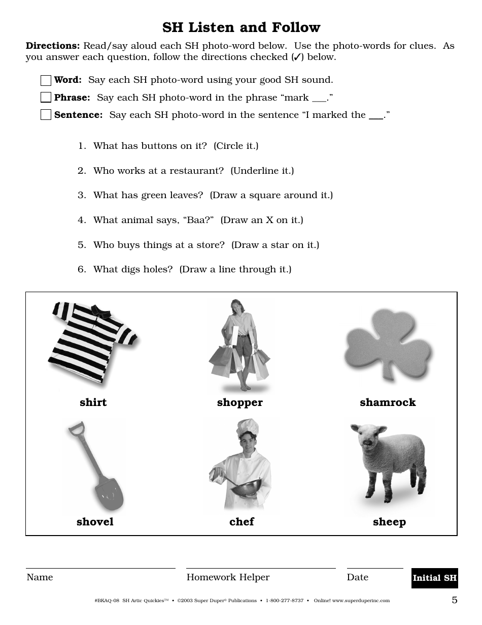 Sh Sound Worksheet - Super Duper Publications, Page 5