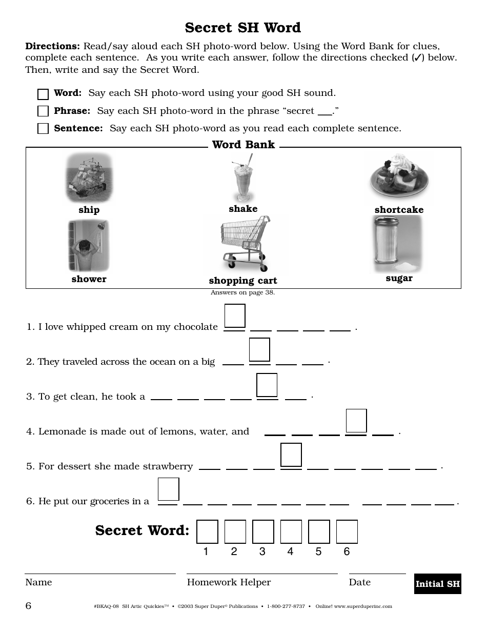 Sh Sound Worksheet - Super Duper Publications, Page 6