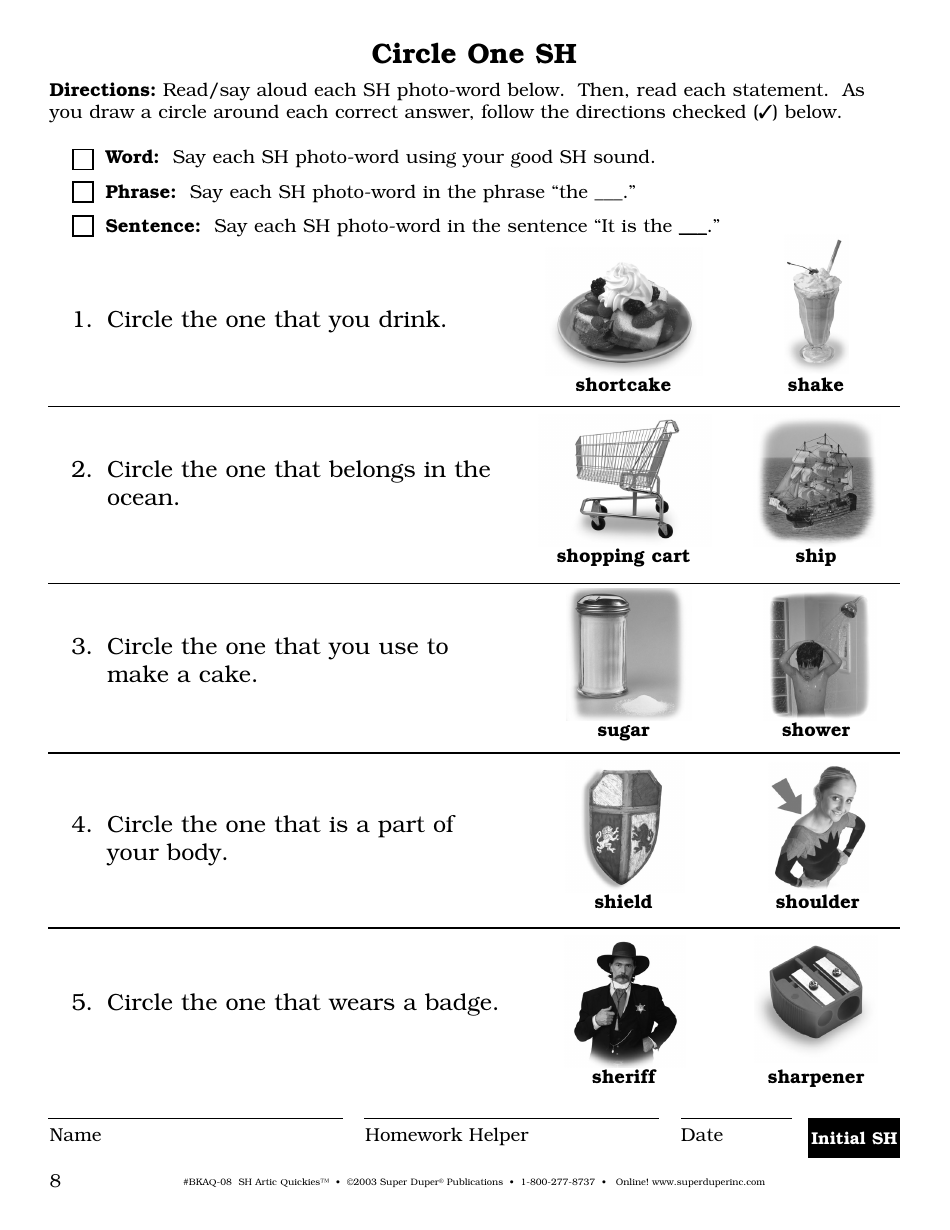 Sh Sound Worksheet - Super Duper Publications, Page 8