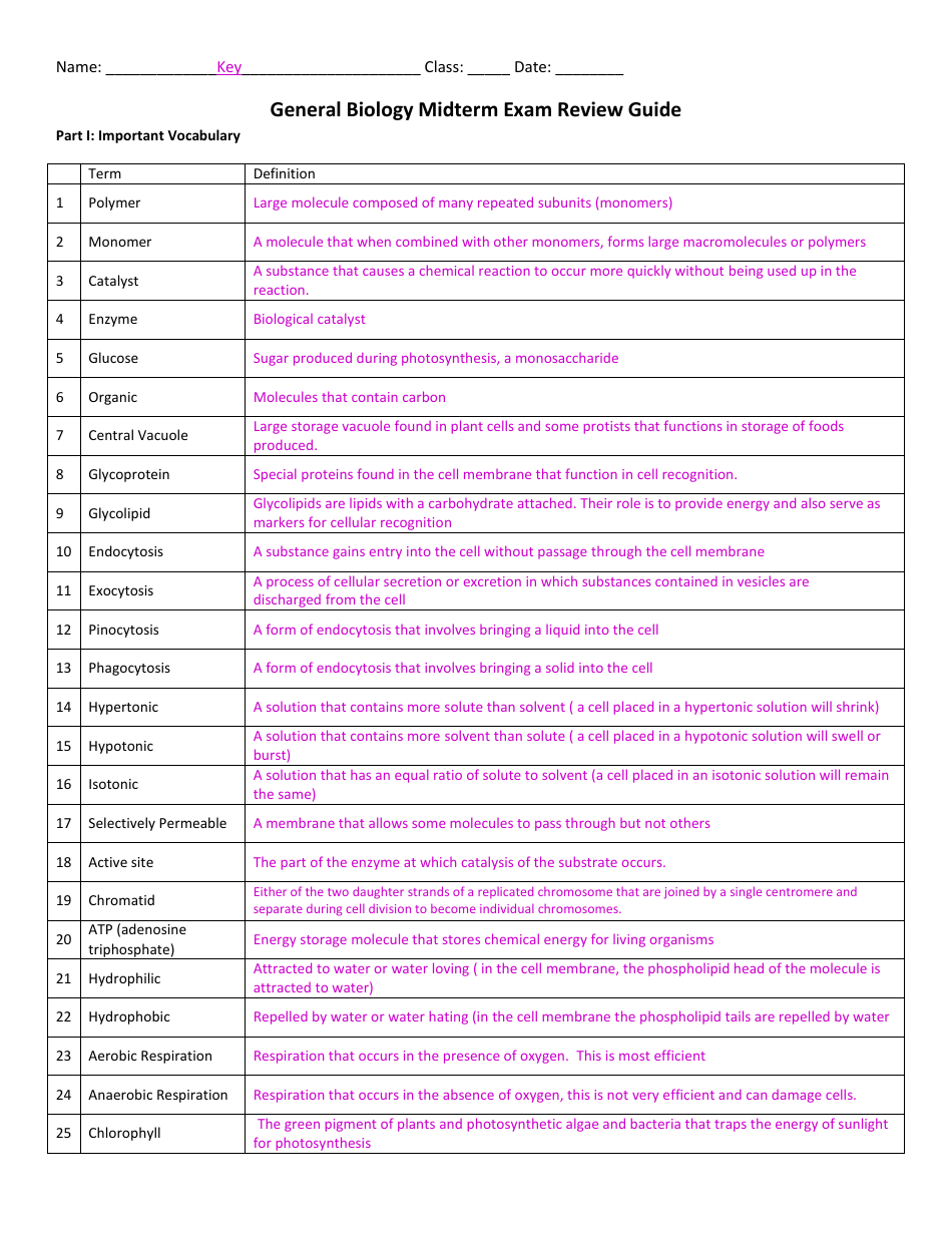 General Biology Midterm Exam Review Guide, Page 1