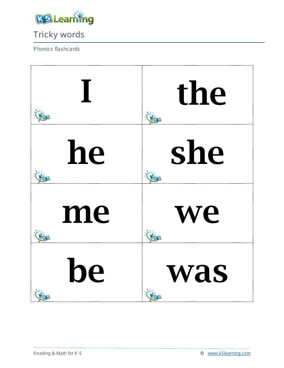 Phonics Flashcards - Tricky Words, Page 1