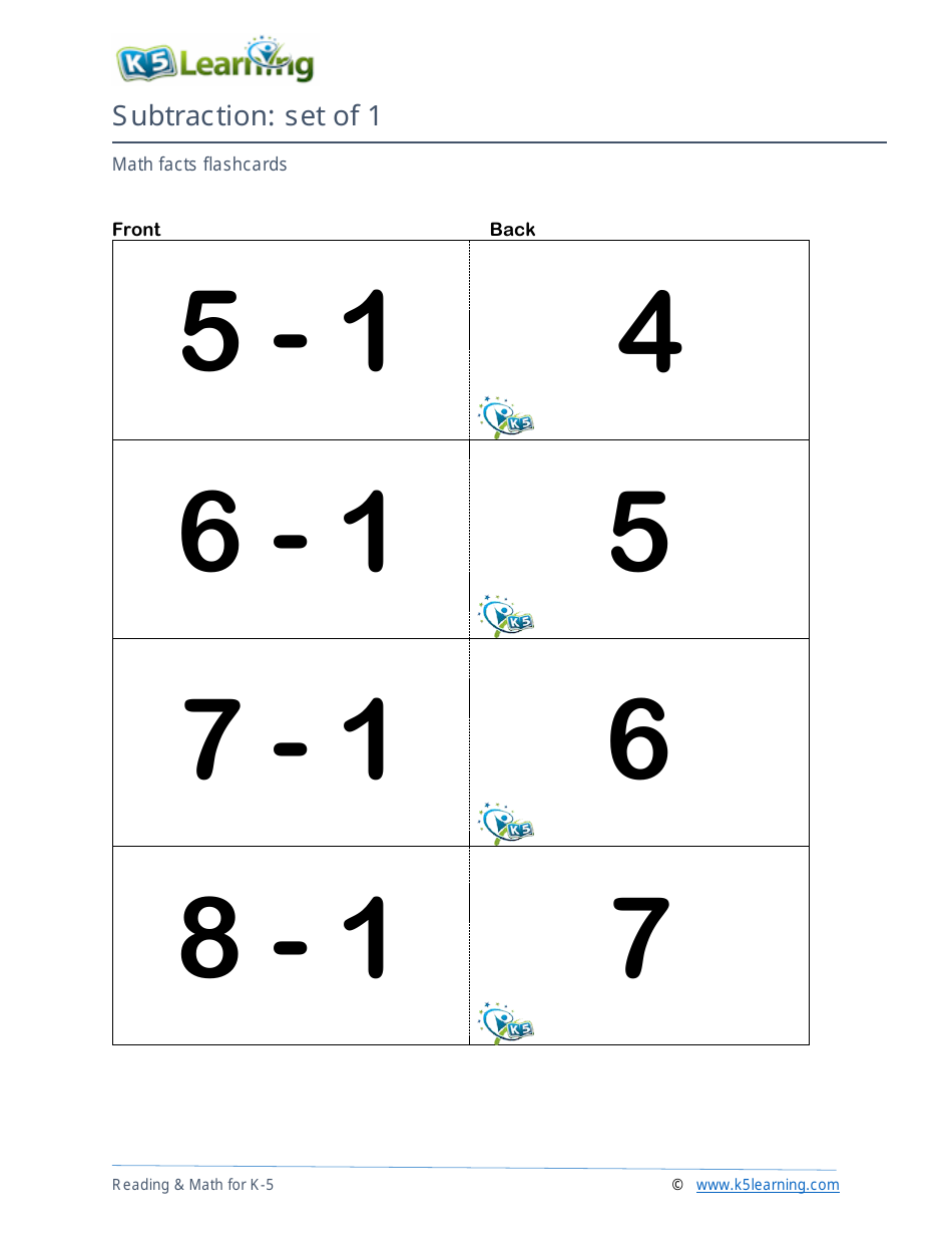 Math Facts Flashcards - Subtraction - Set of 0, 1, Page 5