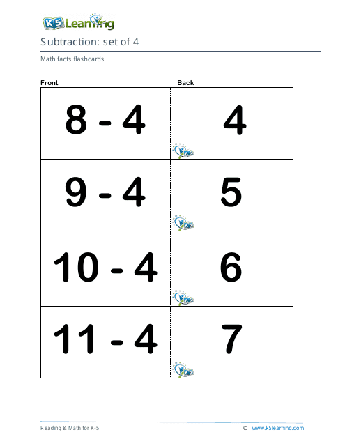 Math Facts Flashcards - Subtraction - Set of 4